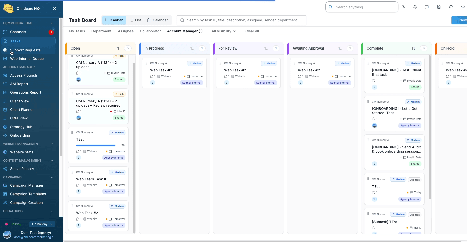 Childcare Marketing CRM dashboard showing campaign and account-manager workload views