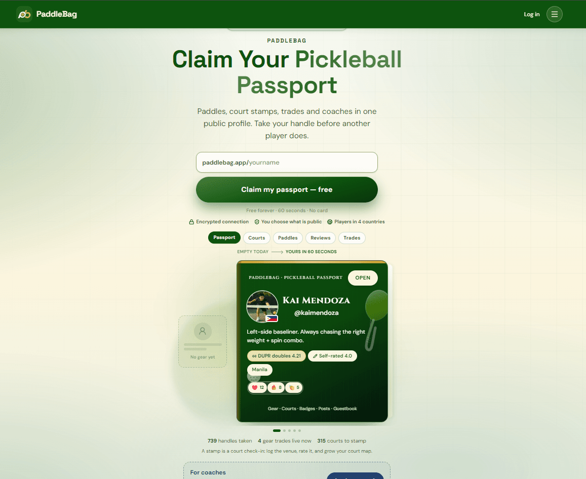 PaddleBag home screen with pickleball community feed and court directory